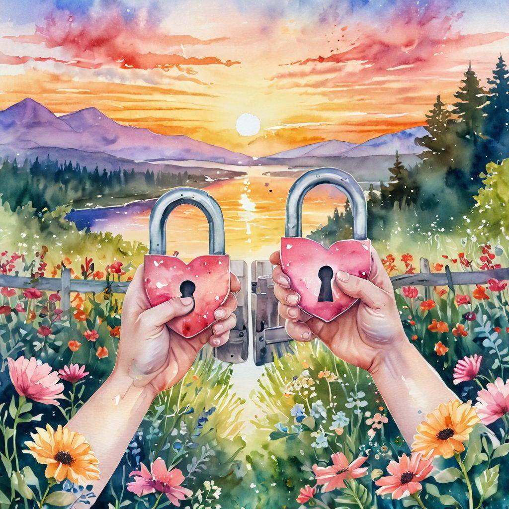 A pair of open locks shaped like hearts, symbolizing trust and connection, surrounded by vibrant flowers and glowing light. Soft hands reaching towards each other from opposite sides, with tender expressions conveying deep emotions. The background features a serene, dreamy landscape with a sunset, enhancing the feeling of warmth and intimacy in a relationship. watercolor illustration, vibrant colors, soft focus.