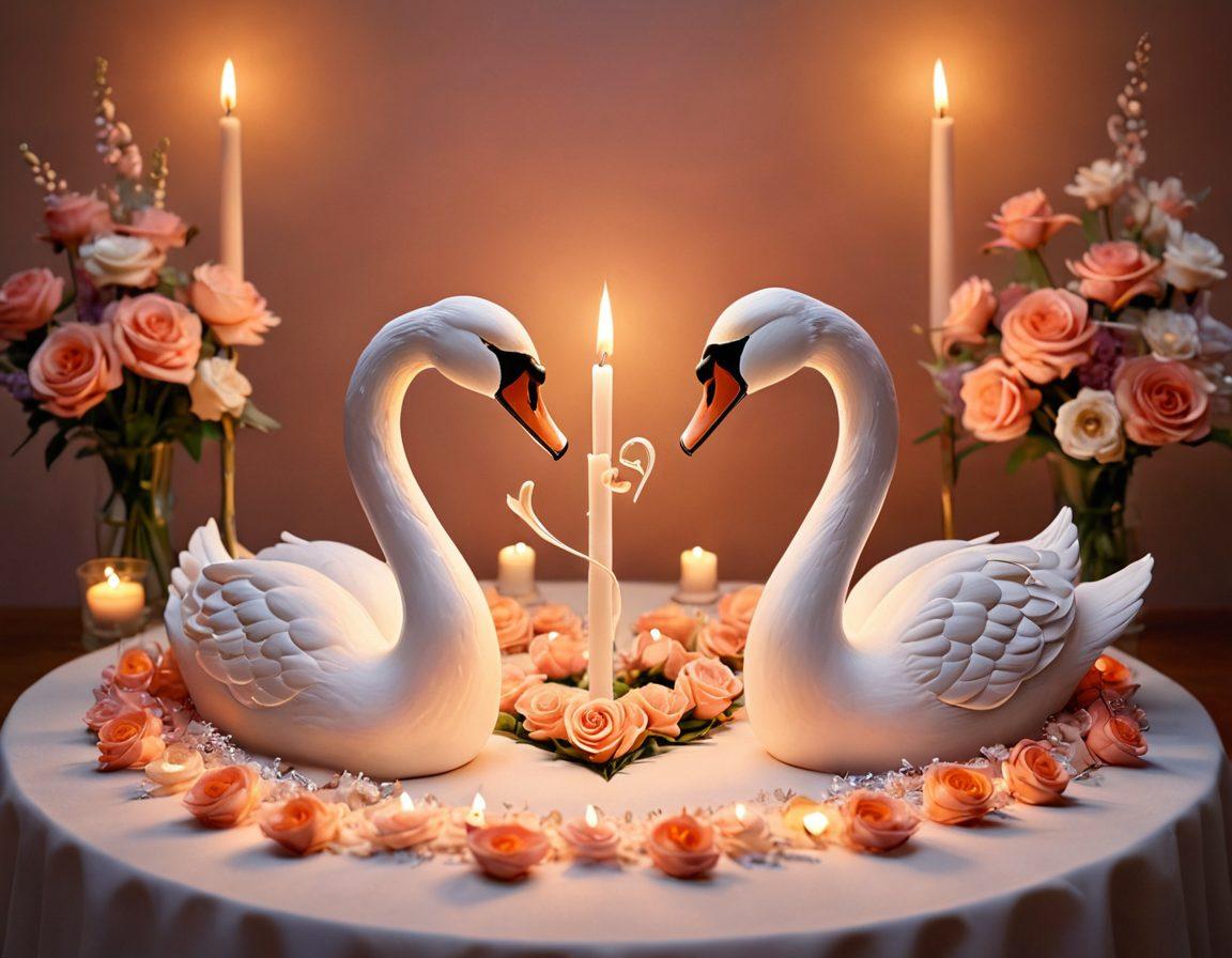 A cozy candlelit dinner setting for two, adorned with beautiful flowers and soft music notes floating in the air. A couple is joyfully gazing into each other's eyes, with a heart-shaped design subtly reflected in the candlelight. Surrounding them are symbols of love such as intertwined hearts, paired swans, and soft pastel colors. super-realistic. warm tones. romantic atmosphere.