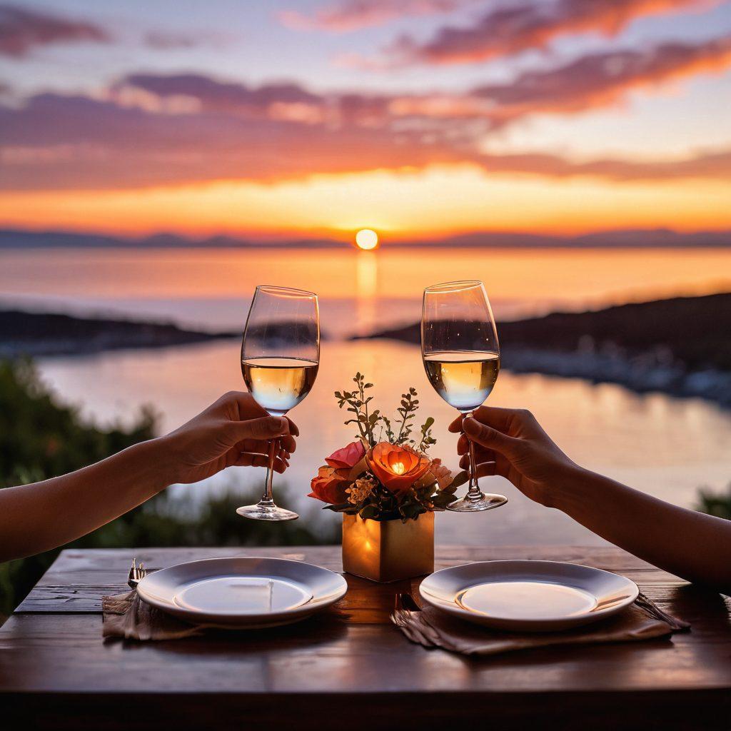 A cozy, candle-lit dinner table set for two, adorned with flowers and soft glowing lights, capturing a sense of intimacy and romance. Include two intertwined hands holding a sparkling wine glass, with a beautiful sunset view in the background symbolizing cherished moments. The atmosphere should feel warm and inviting, embodying love and connection. super-realistic. vibrant colors. soft focus.